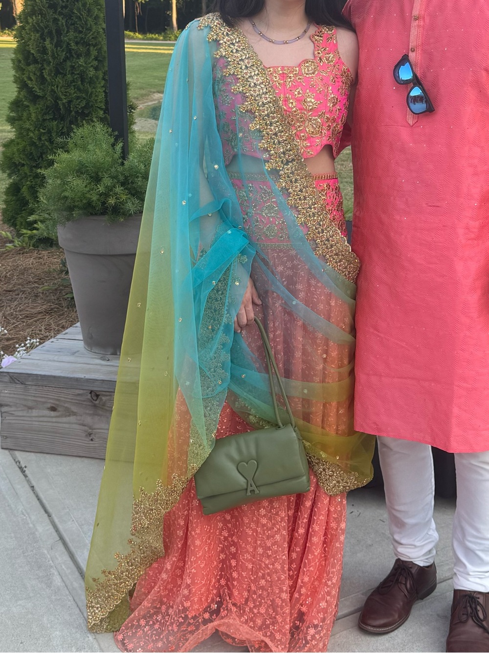 Embroidered Coral Lehenga Skirt with Hot Pink Blouse and Teal-Green Dupatta